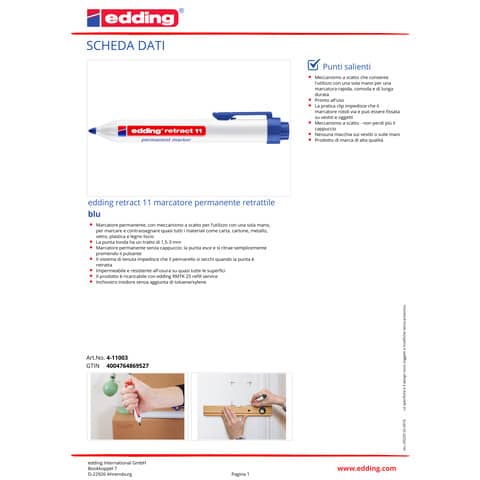 Marcatore permanente edding Retract 11 punta conica 1,5-3 mm blu E-11 003